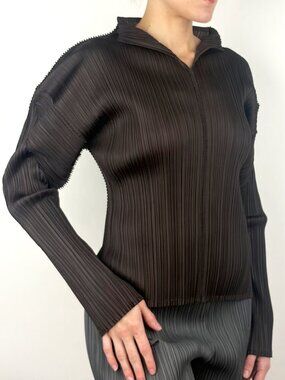 Issey Miyake Pleats Please Brown Keyneck Long Sleeve Top